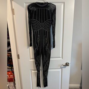 Sequenceblack see-through long sleeve jumpsuit with silver rhinestones